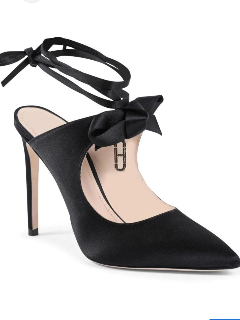 DEE OCLEPPO Pointed-Toe Black Satin Tie-Ankle Heels with Bow